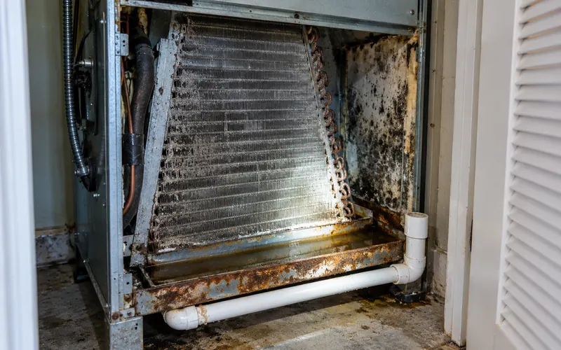 Air handler cabinet with a dirty coil and mold on the lining