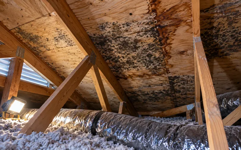 Dark mold staining across plywood roof decking between wooden trusses in an attic, with insulation on the floor and an AC duct below