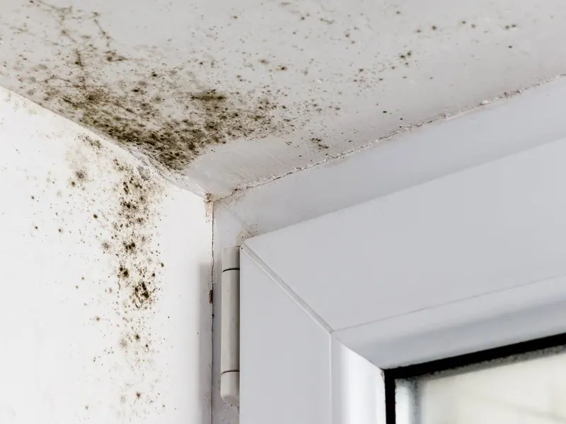 Dark mold spreading across the ceiling corner and down the wall beside a window frame