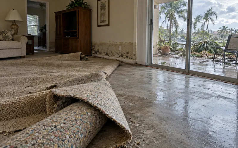 Living room after a storm with wet carpet pulled back