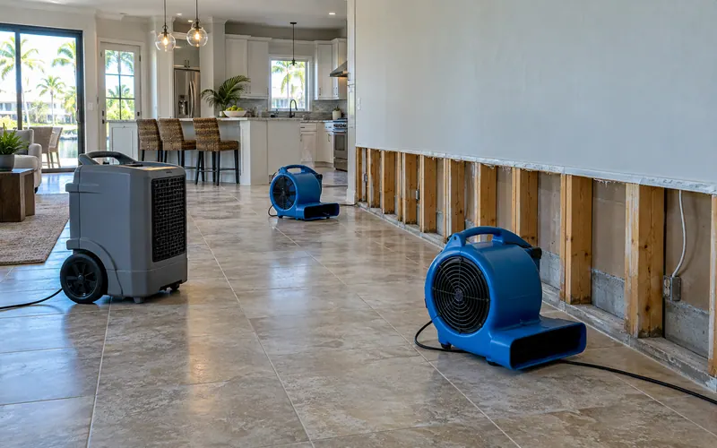 Room after a leak with the lower drywall cut away to expose studs, a dehumidifier and air movers drying the wall on a tile floor